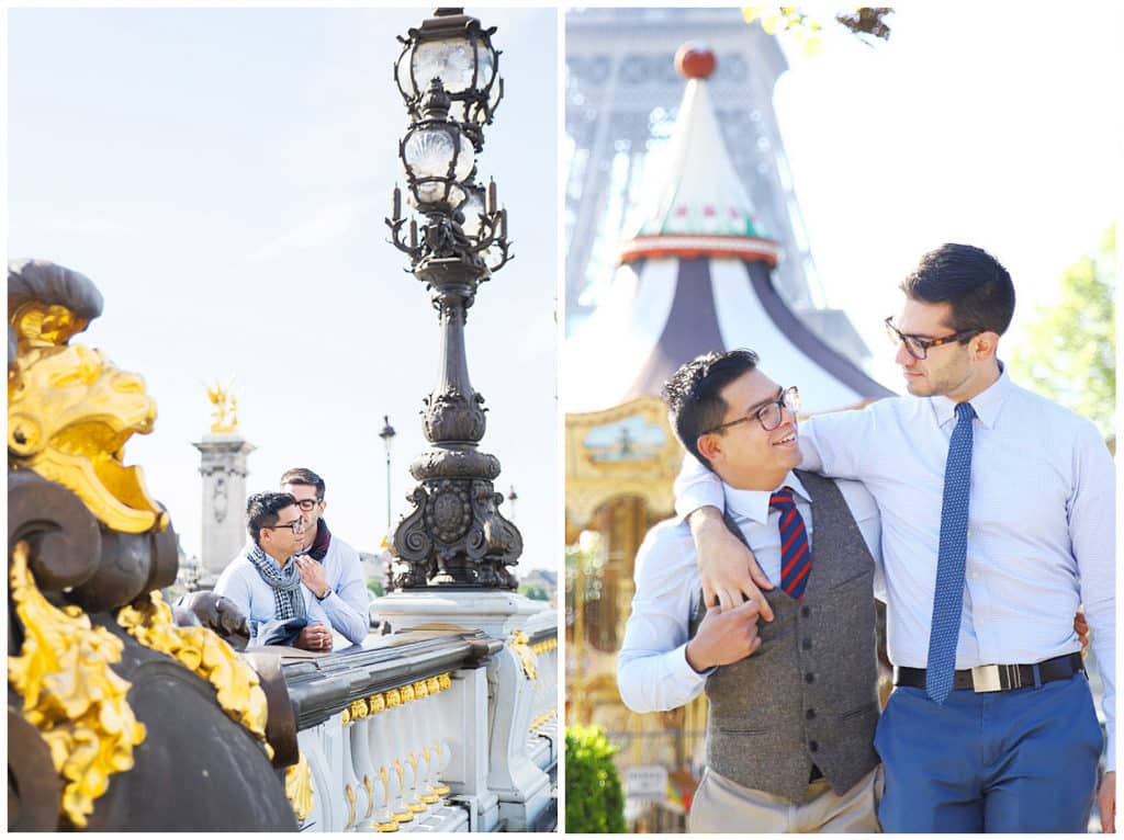 Une séance photo engagement en amoureux à Paris : la Tour Eiffel, le Pont Alexandre III et le Louvre
