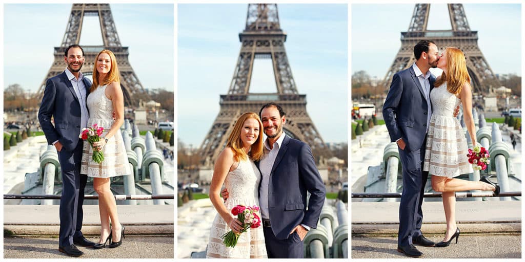 A cute anniversary and baby announcement photo session by the Eiffel Tower in Paris, France
