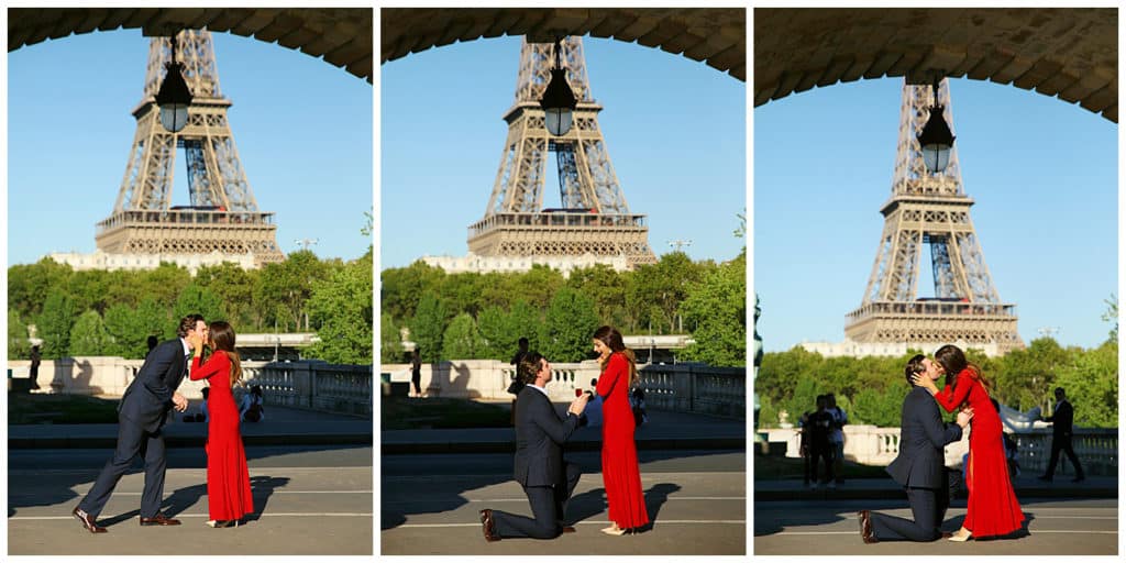 A fairytale surprise proposal in front of the Eiffel Tower in Paris, France